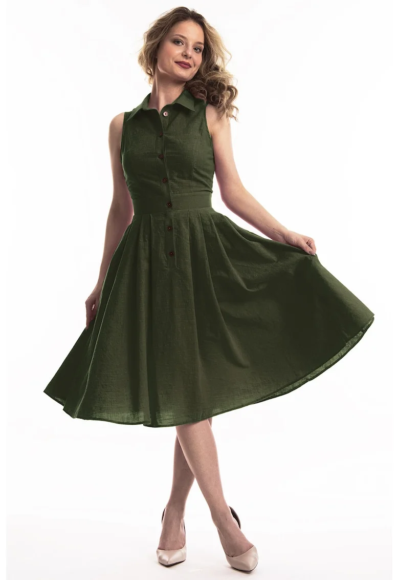Rochie midi de in cu croiala evazata Valeria, Kaki inchis