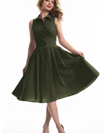 Rochie midi de in cu croiala evazata Valeria, Kaki inchis