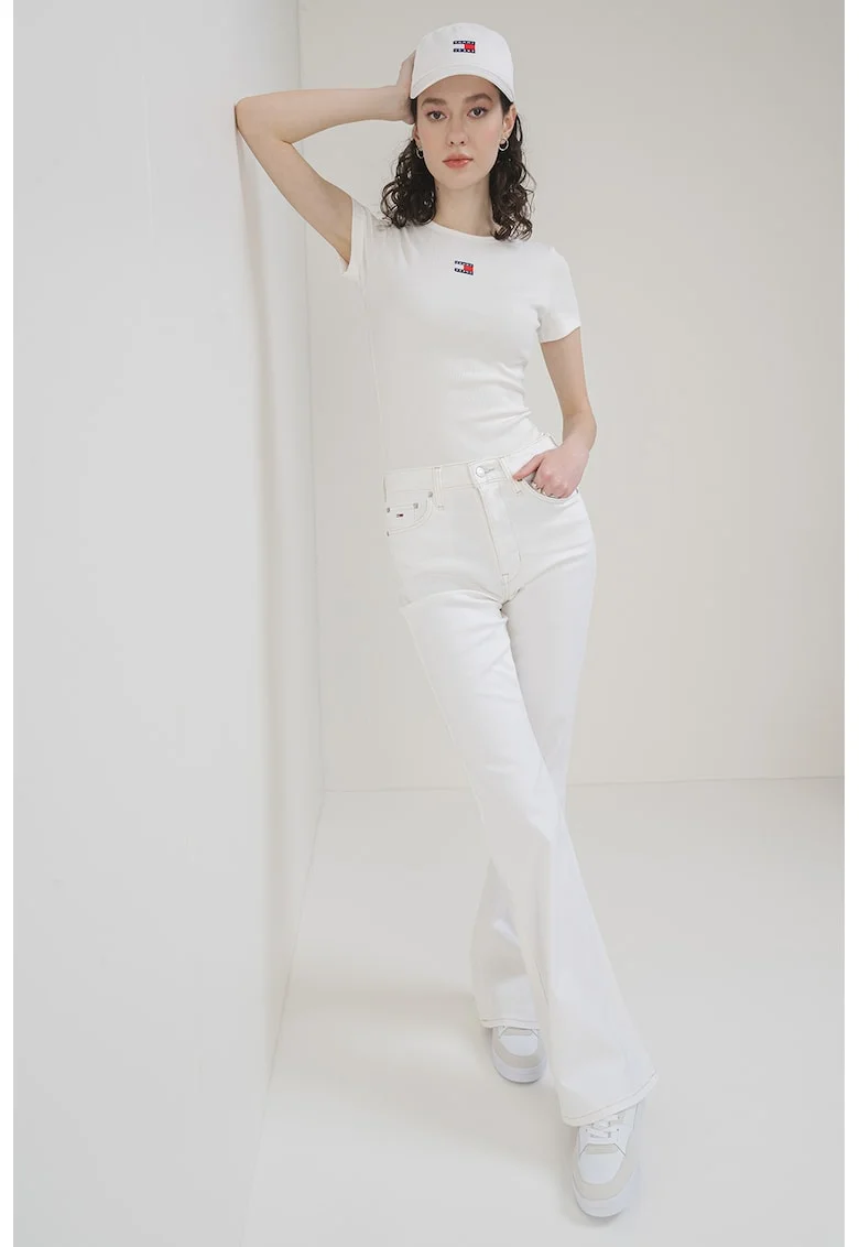 Tricou slim fit striat, Alb murdar