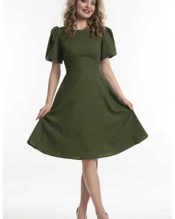 Rochie evazata de in cu maneci scurte, Verde masliniu inchis