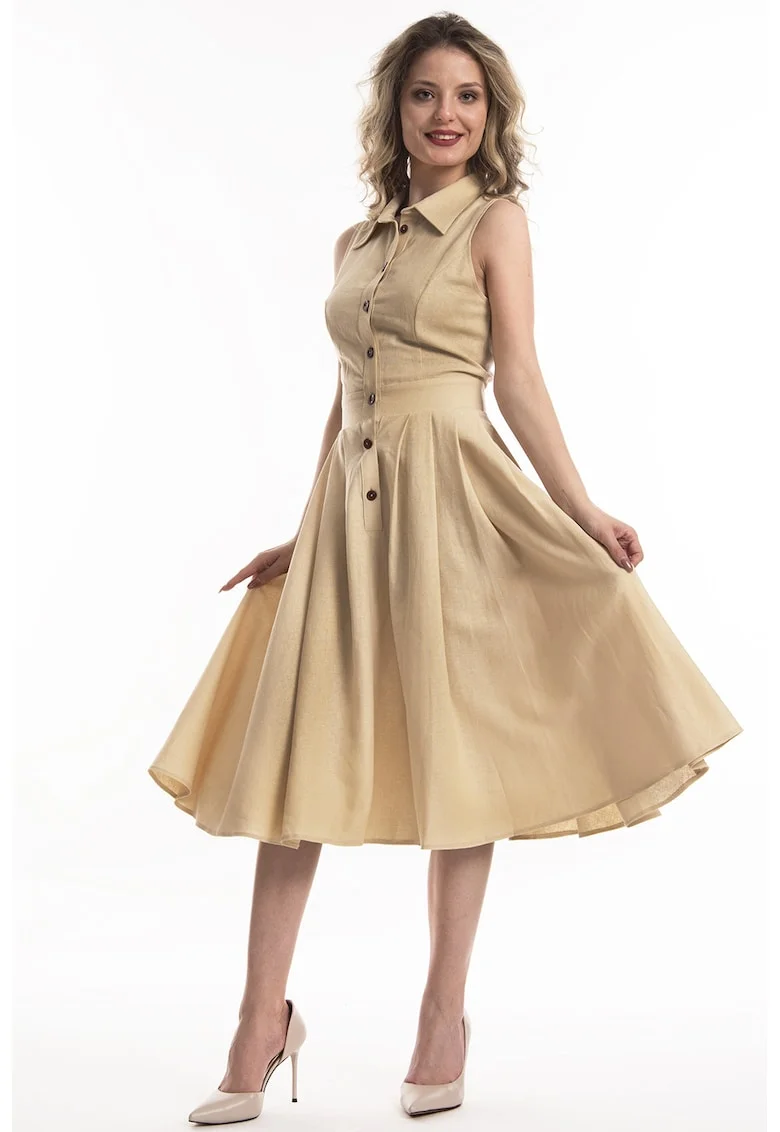 Rochie midi de in cu croiala evazata Valeria, Bej inchis