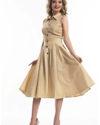 Rochie midi de in cu croiala evazata Valeria, Bej inchis