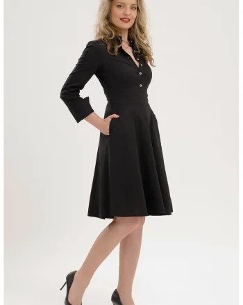 Rochie evazata cu fenta cu nasturi, Negru stins
