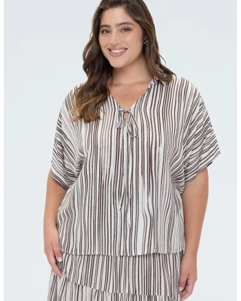 Bluza cu decolteu in V si model in dungi, Negru/Alb murdar