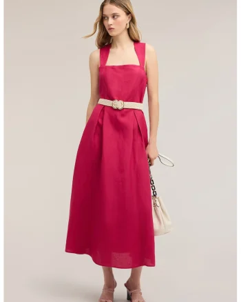 Rochie midi cu croiala evazata, Roz zmeuriu,