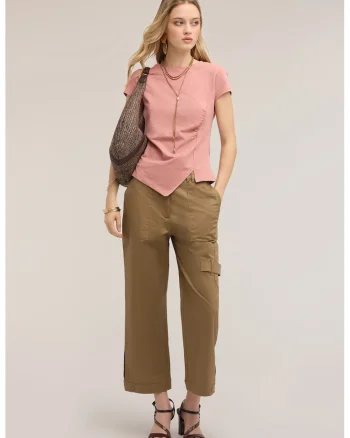 Pantaloni crop cu croiala evazata, Maro camel,