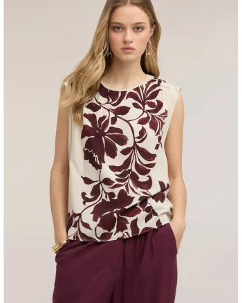 Bluza cu model floral, fara maneci, Alb fildes, Violet pruna,