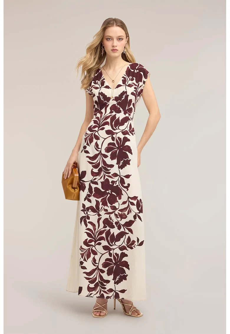 Rochie lunga cu decolteu in V si model floral, Alb fildes, Violet pruna,