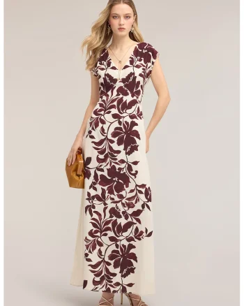 Rochie lunga cu decolteu in V si model floral, Alb fildes, Violet pruna,