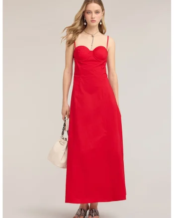 Rochie lunga din poplin cu croiala in A, Rosu vermillion,
