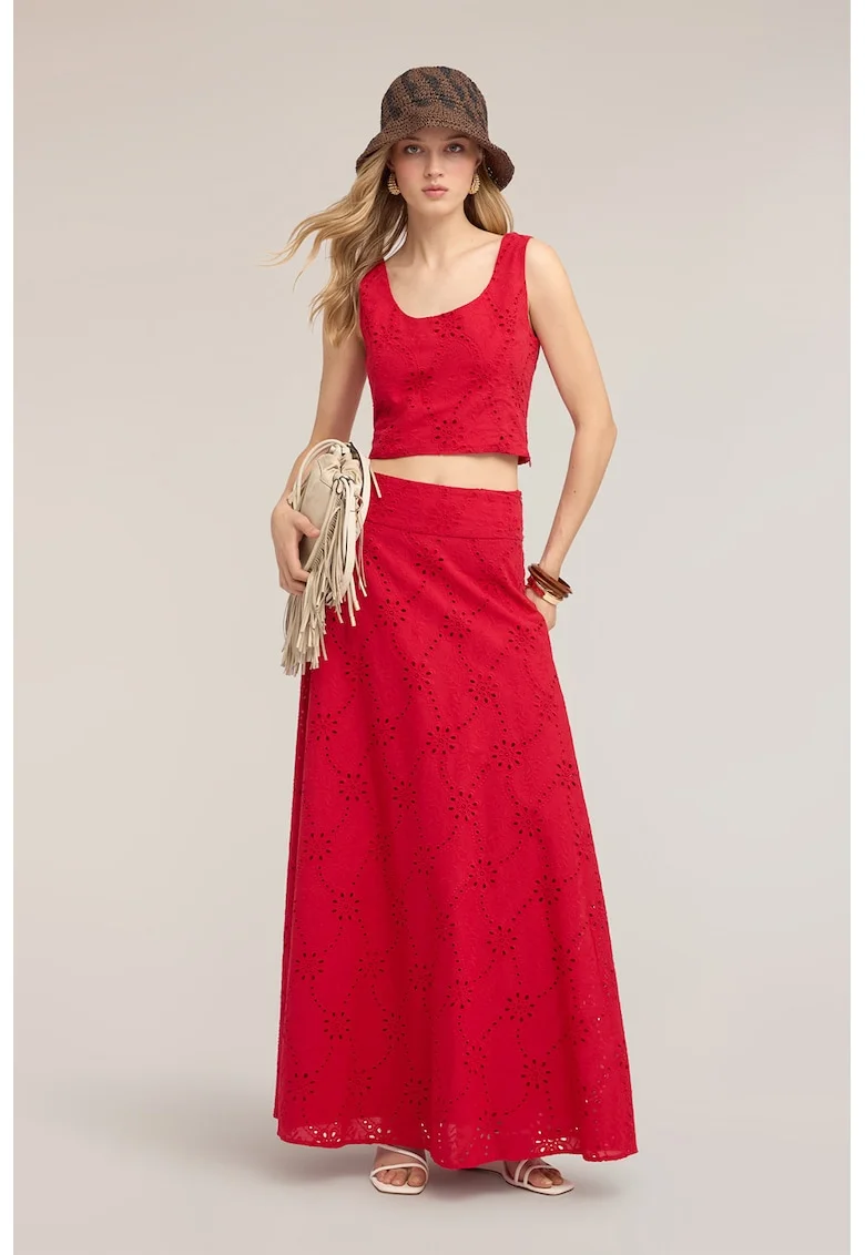 Fusta maxi cu design perforat, Rosu cireasa,