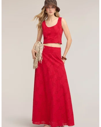 Fusta maxi cu design perforat, Rosu cireasa,