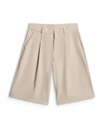 Pantaloni scurti dama,  talie inalta, croiala lejera, crem, tesatura creponata
