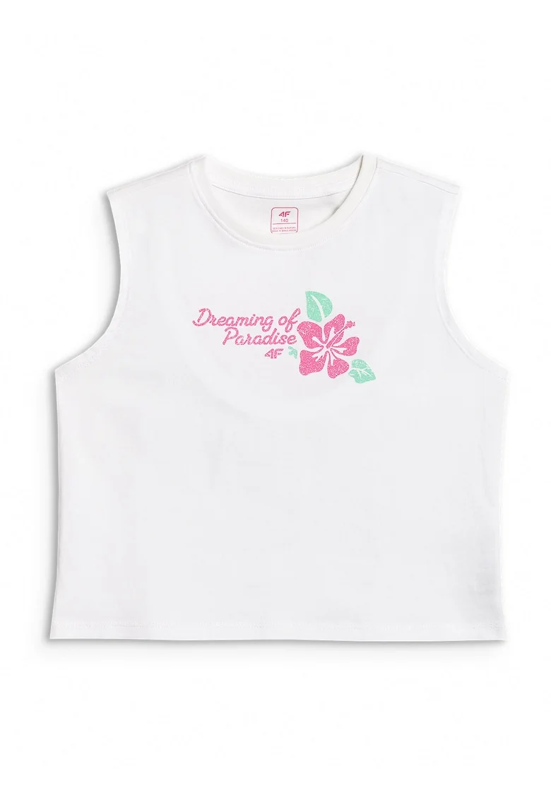 Tricou copii,  fara maneci, imprimeu grafic, alb/roz, bumbac