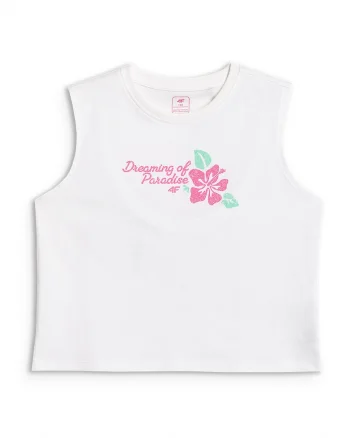 Tricou copii,  fara maneci, imprimeu grafic, alb/roz, bumbac