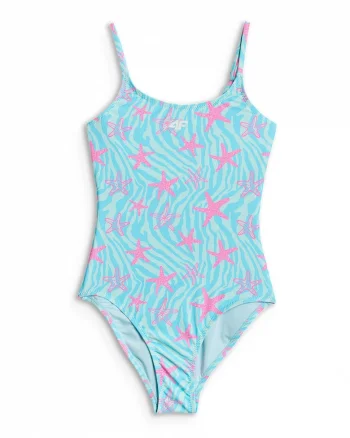 Costum de baie intreg pentru fete  uscare rapida, bretele reglabile, Turcoaz/Roz