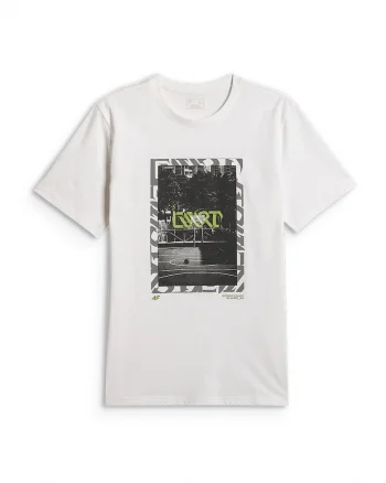 Tricou barbati  regular, imprimeu, alb, bumbac