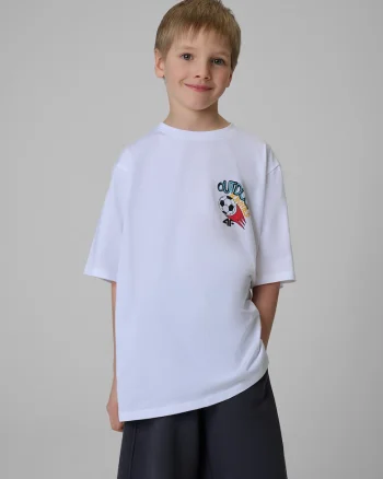 Tricou copii  croiala lejera, imprimeu grafic, alb, bumbac