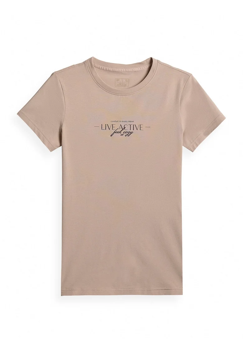 Tricou dama  slim, cu imprimeu, bej, bumbac, fara maneca