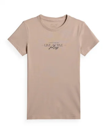 Tricou dama  slim, cu imprimeu, bej, bumbac, fara maneca