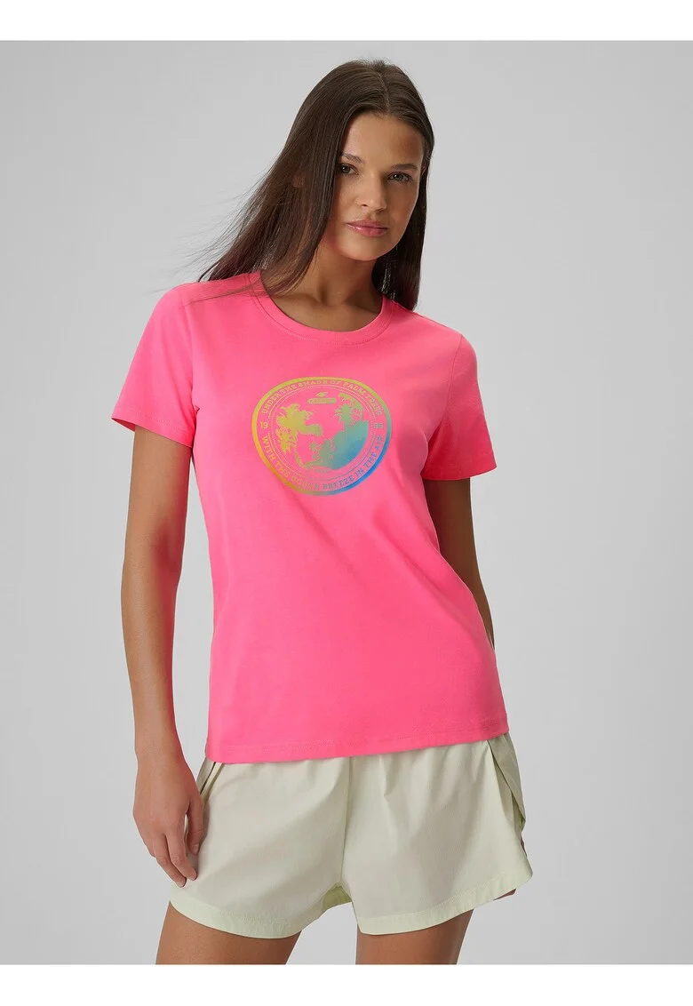 Tricou dama  regular, imprimeu, roz, bumbac