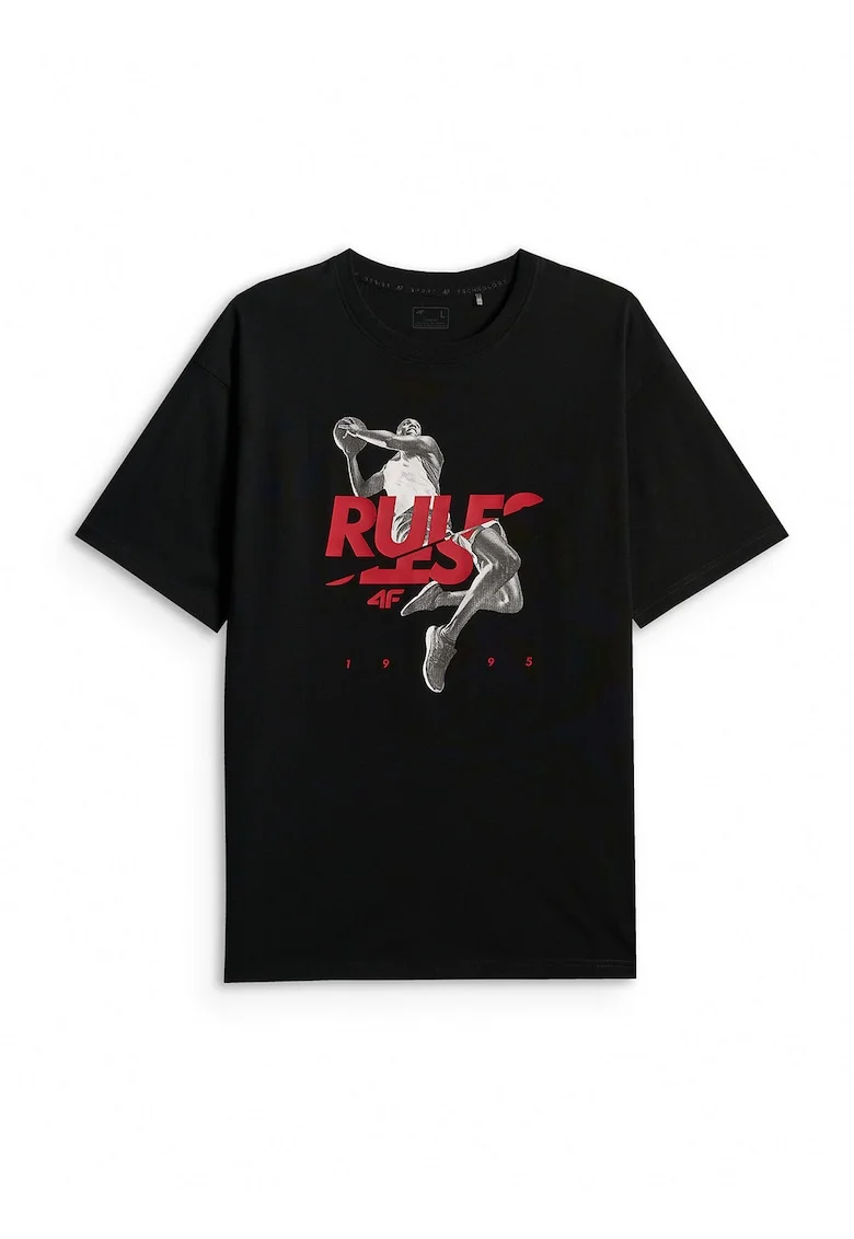 Tricou barbati  imprimeu, bumbac, negru, croiala lejera