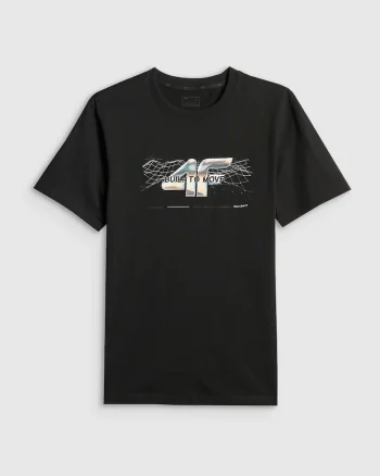 Tricou barbati  regular, imprimeu, negru, bumbac