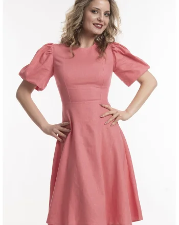 Rochie evazata de in cu maneci scurte, Rosu pastelat