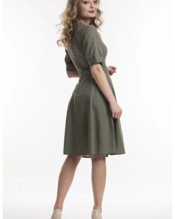 Rochie evazata de in cu buzunare, Kaki