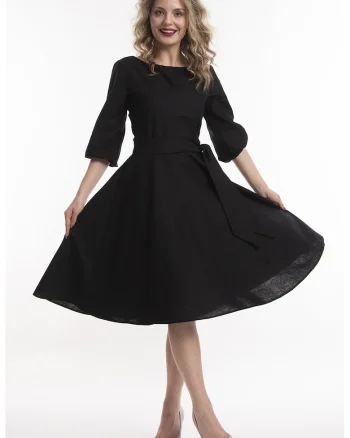 Rochie midi de in cu cordon, Negru