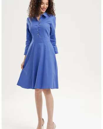 Rochie evazata cu fenta cu nasturi, Albastru safir