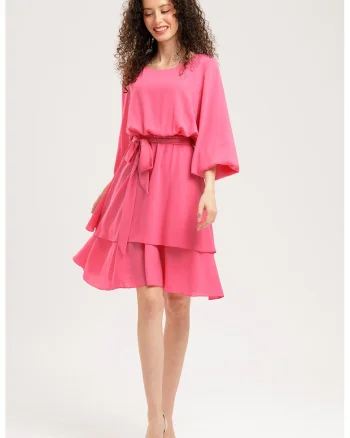 Rochie evazata de sifon cu maneci balloon, Roz
