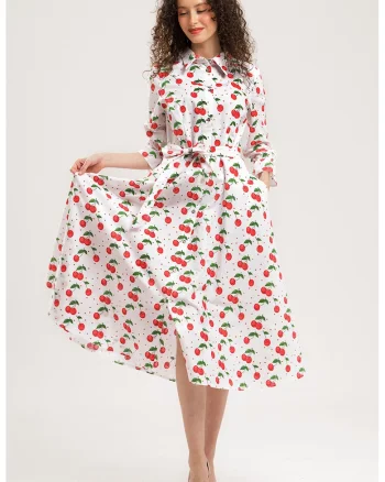 Rochie-camasa midi de bumbac, Rosu/Alb