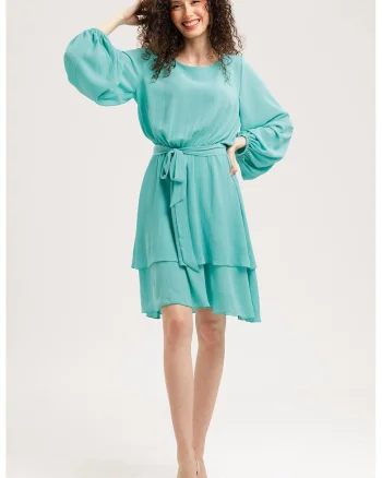 Rochie evazata de sifon cu maneci balloon, Turcoaz inchis