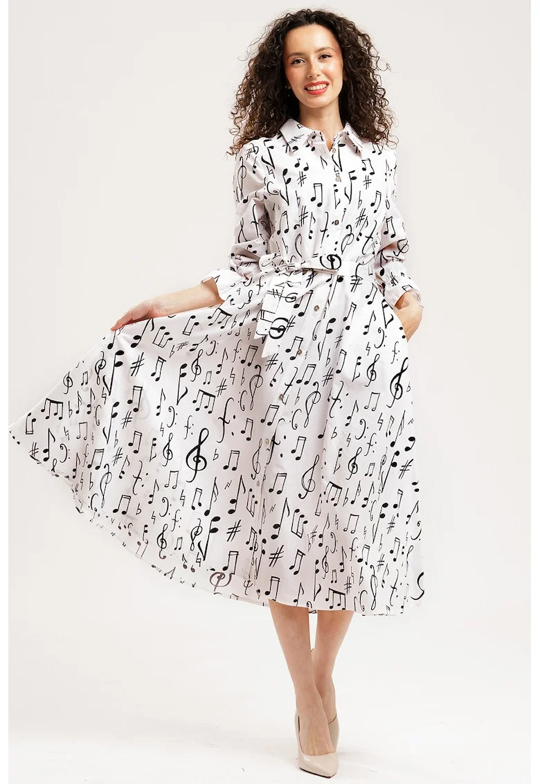 Rochie-camasa midi de bumbac, Alb/Negru