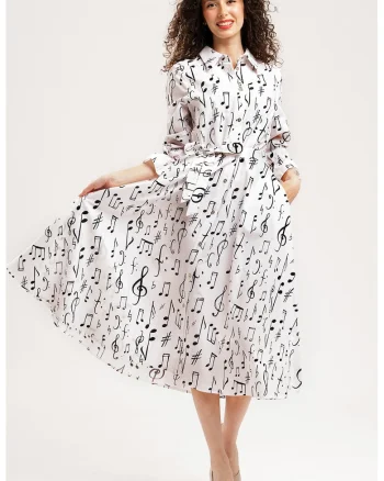 Rochie-camasa midi de bumbac, Alb/Negru