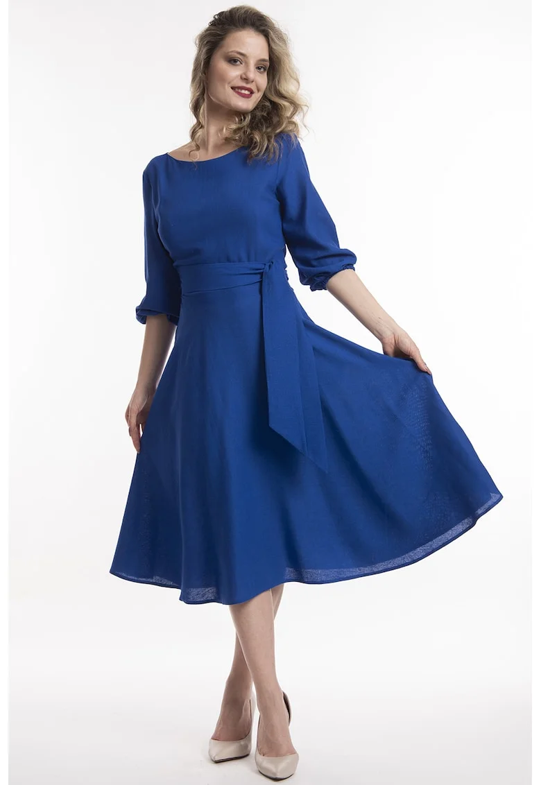 Rochie midi de in cu cordon, Albastru royal