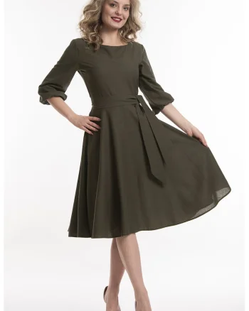 Rochie midi de in cu cordon, Kaki inchis