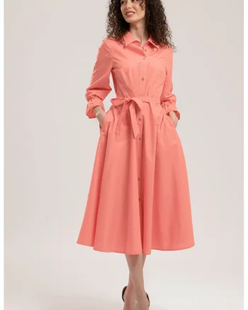 Rochie-camasa midi de bumbac, Rosu pastelat