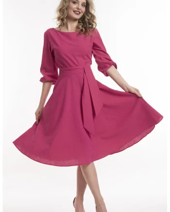 Rochie midi de in cu cordon, Fucsia
