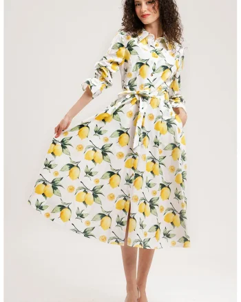 Rochie-camasa midi de bumbac, Alb/Galben deschis