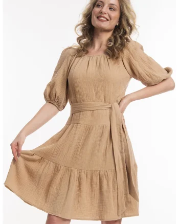Rochie evazata cu cordon, Bej inchis