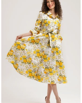 Rochie-camasa midi de bumbac, Alb/Galben mustar
