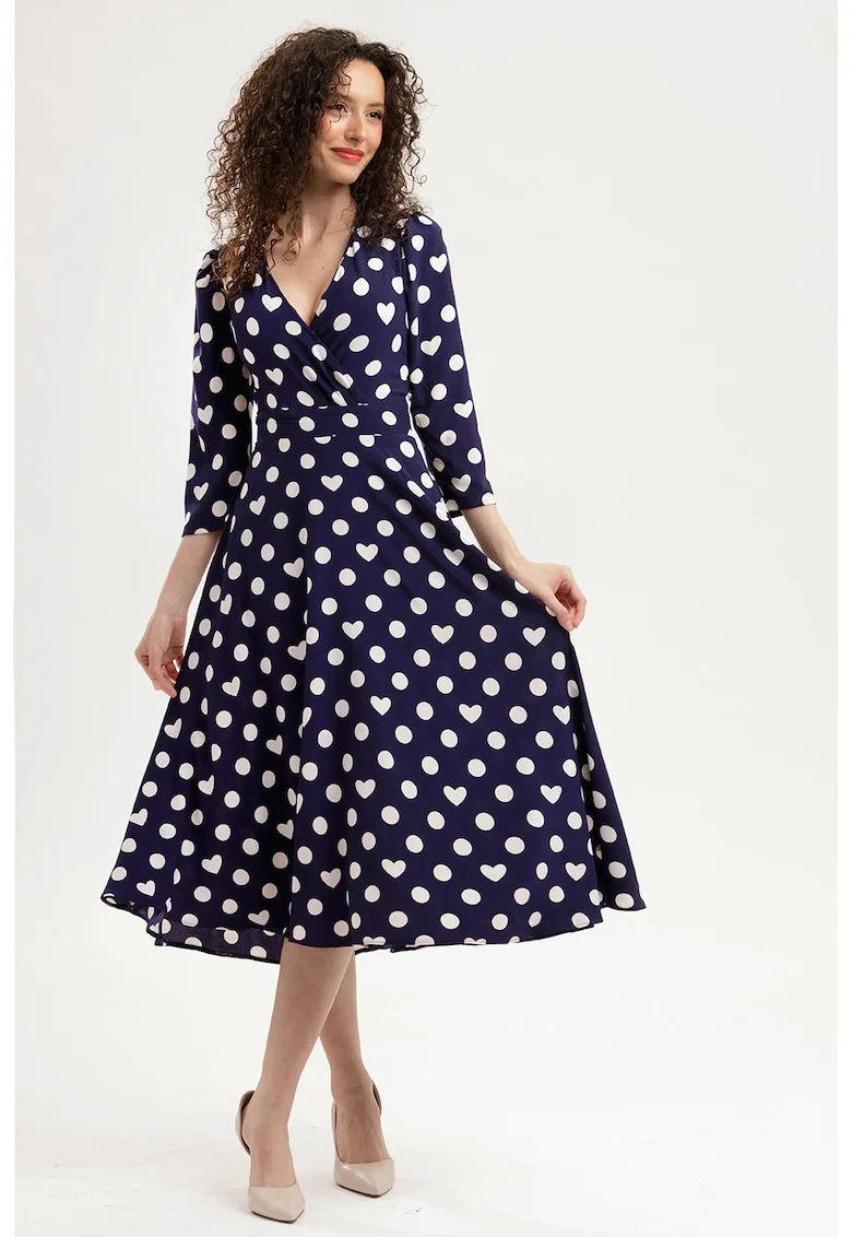 Rochie midi evazata cu model si buzunare, Alb/Albastru ultramarin