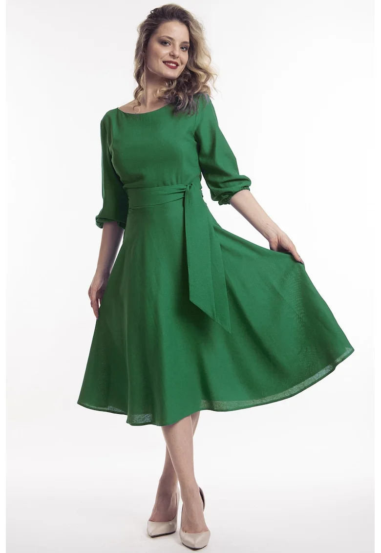 Rochie midi de in cu cordon, Verde indian
