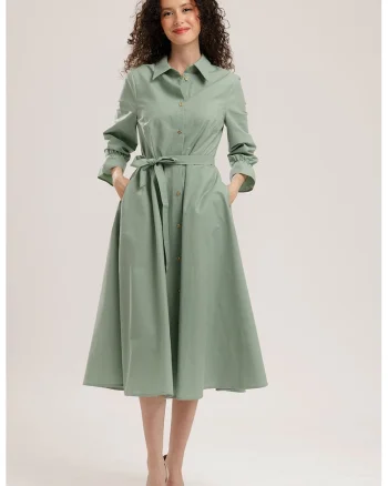 Rochie-camasa midi de bumbac, Verde fistic