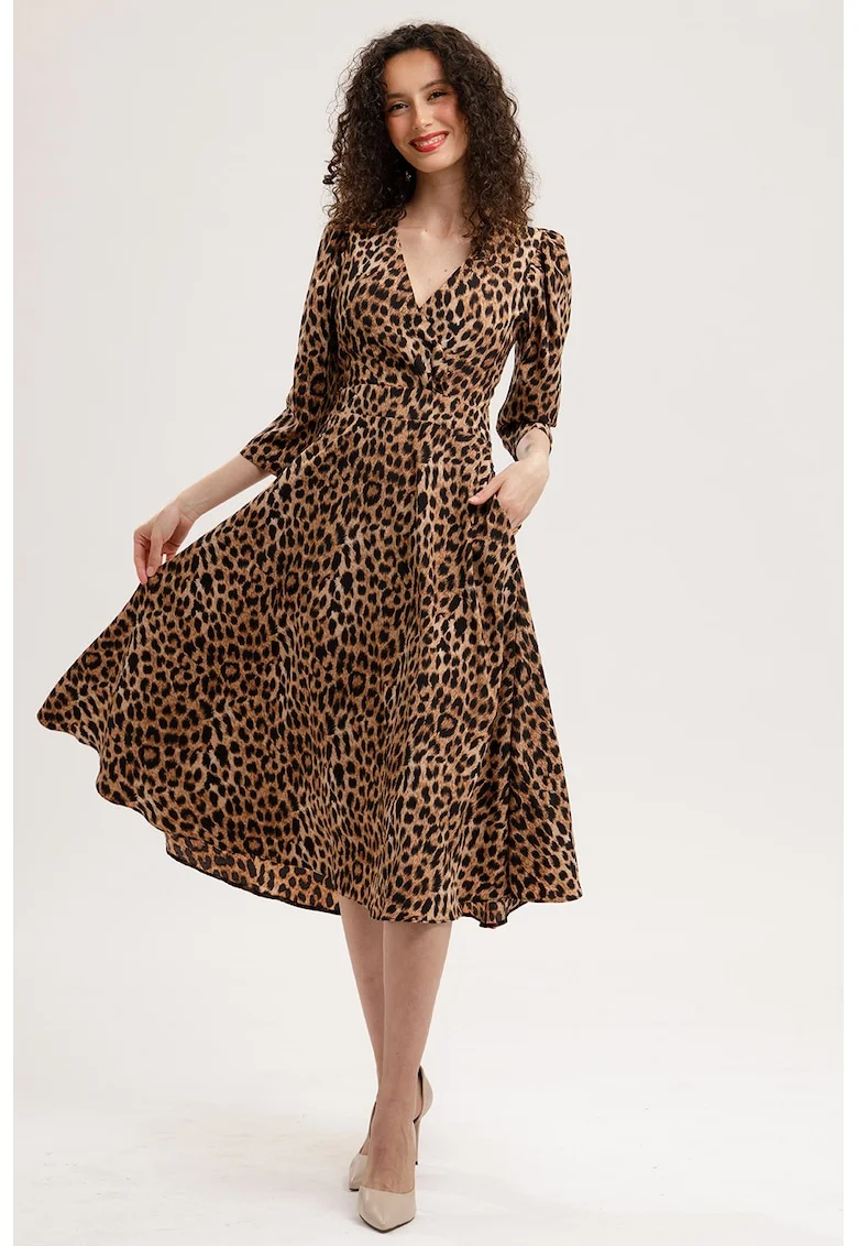 Rochie midi evazata cu model si buzunare, Maro inchis/Maro