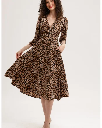 Rochie midi evazata cu model si buzunare, Maro inchis/Maro