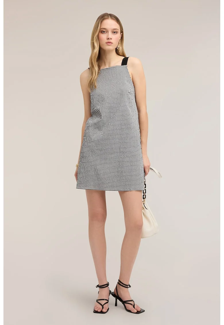 Rochie cu croiala in A si model gingham, Alb/Negru