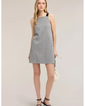 Rochie cu croiala in A si model gingham, Alb/Negru